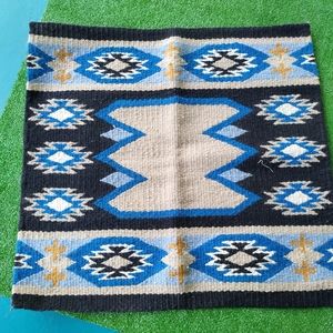 Vintage Handmade Blue Black Thick Wool Woven Southwest Mexican area Rug